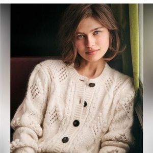 Sézane Burgundy Knit Cardigan with Tortoise Buttons and Feminine Detail